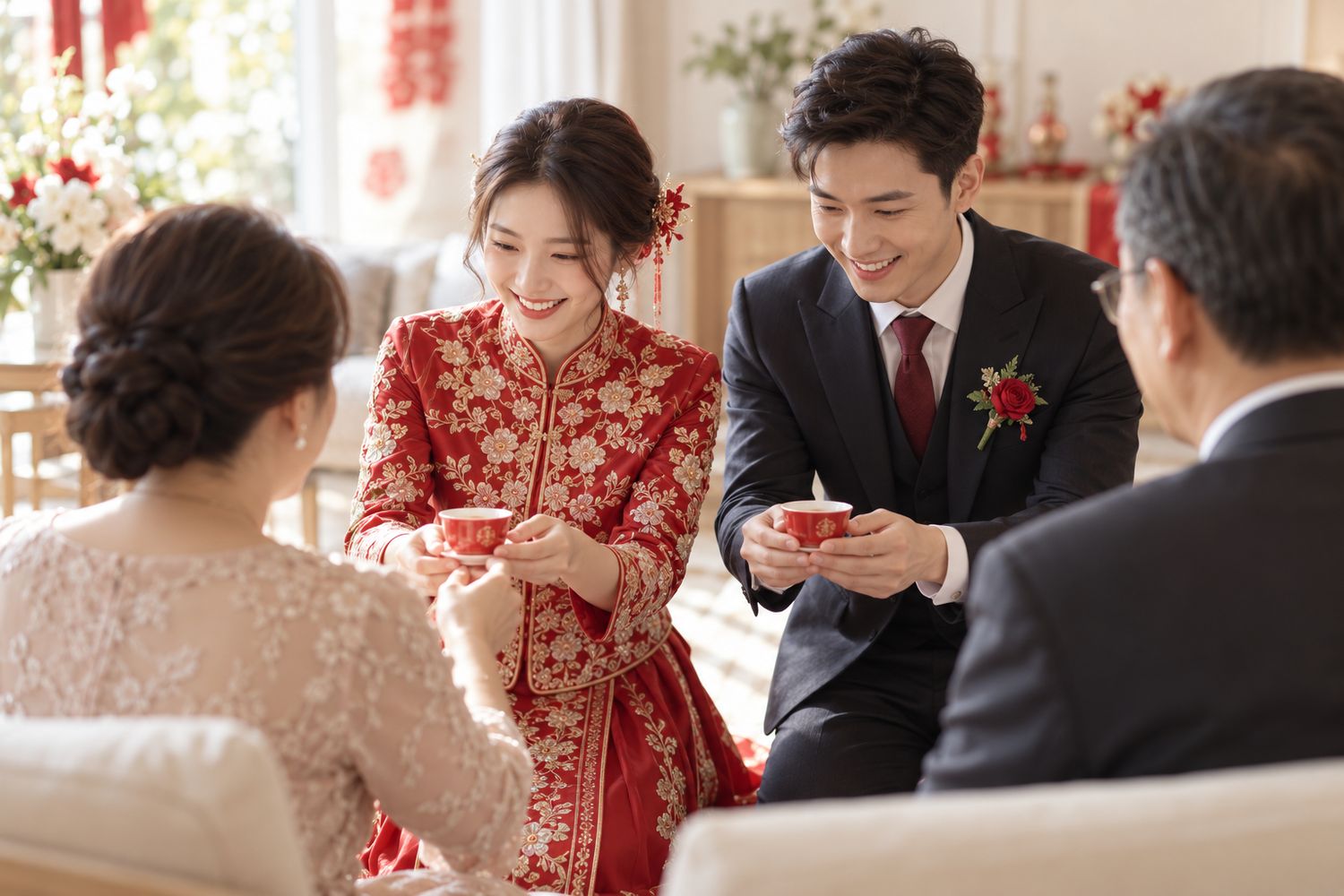A bride in a red kua and her groom offering tea to their parents